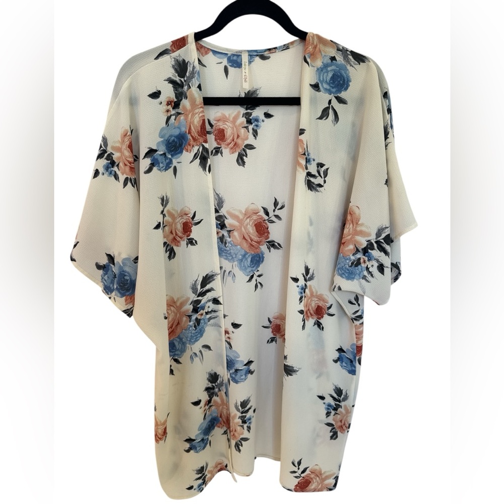 Floral Open-Front Kimono Shrug - Cream with Blue & Blush Roses